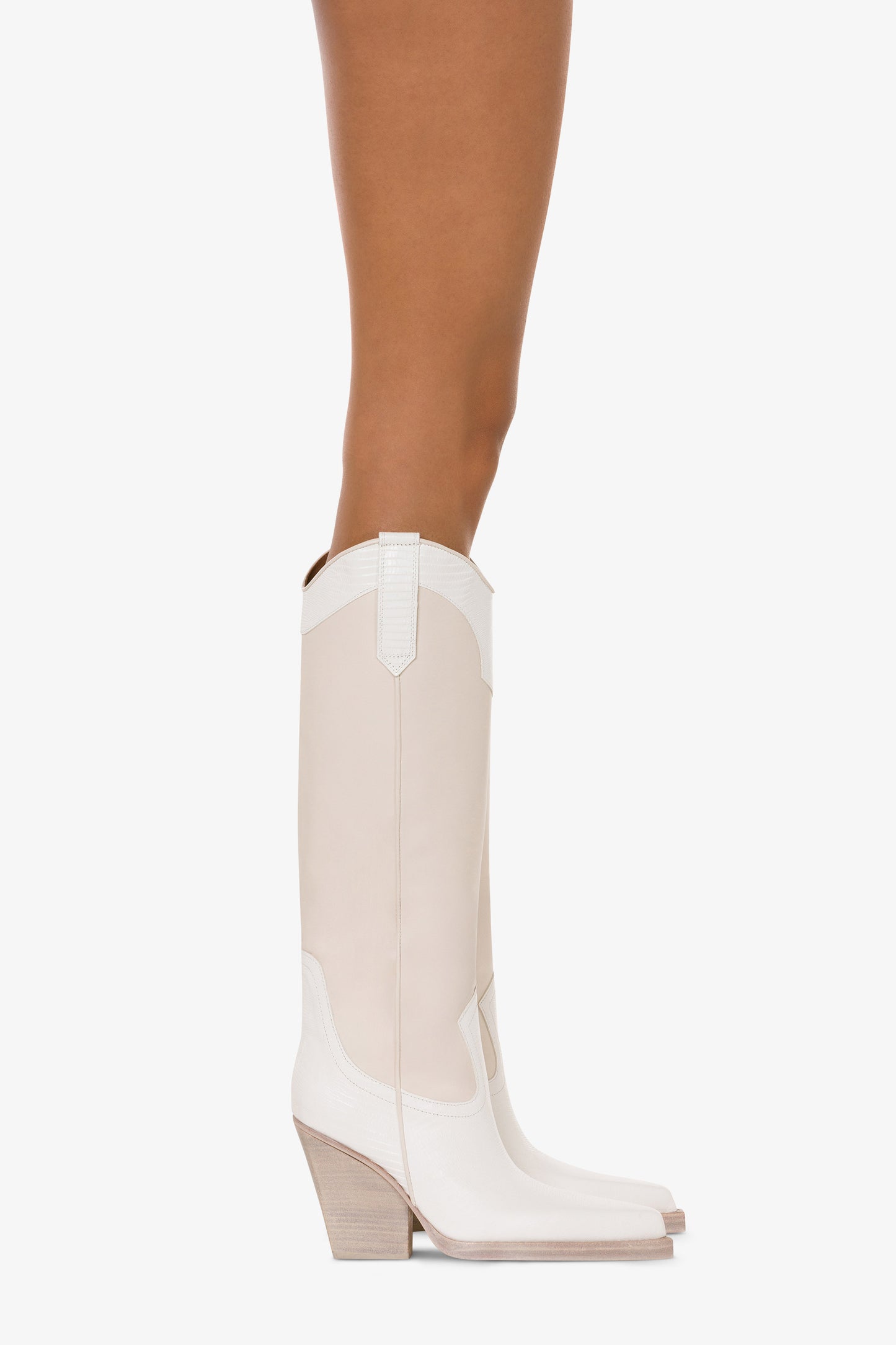 Stiefel aus weissem Leder mit Echsen-Print