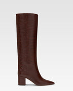Chocolate brown croc-effect leather heel 70 boots