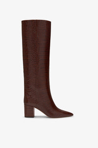 Chocolate brown croc-effect leather heel 70 boots