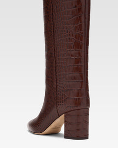 Chocolate brown croc-effect leather heel 70 boots