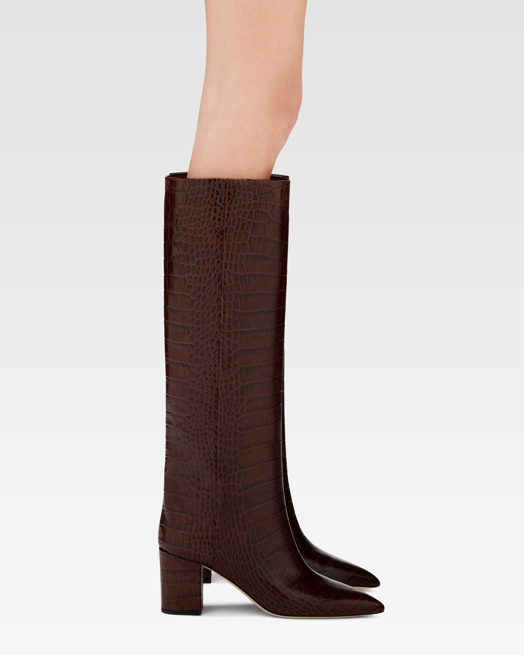 Chocolate brown croc-effect leather heel 70 boots