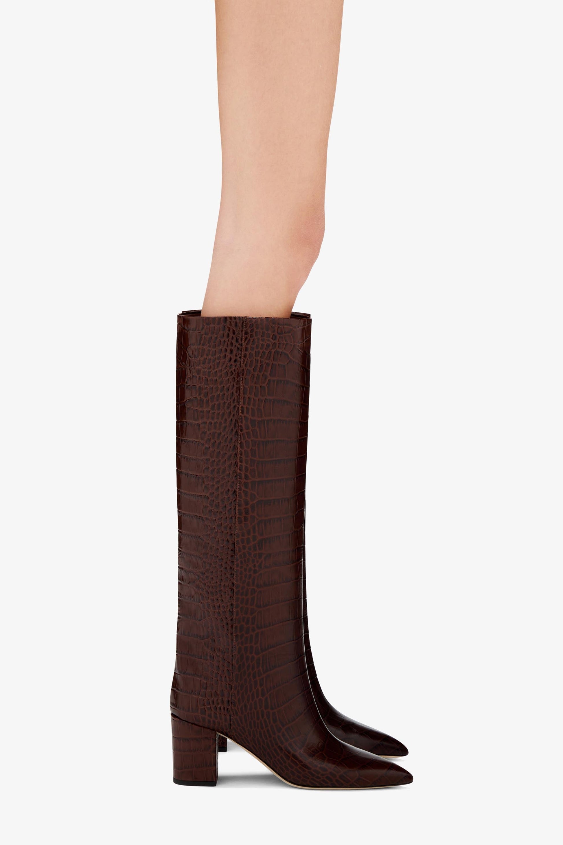 Bottes `a talon 70 en cuir effet croco marron chocolat - Produit porté