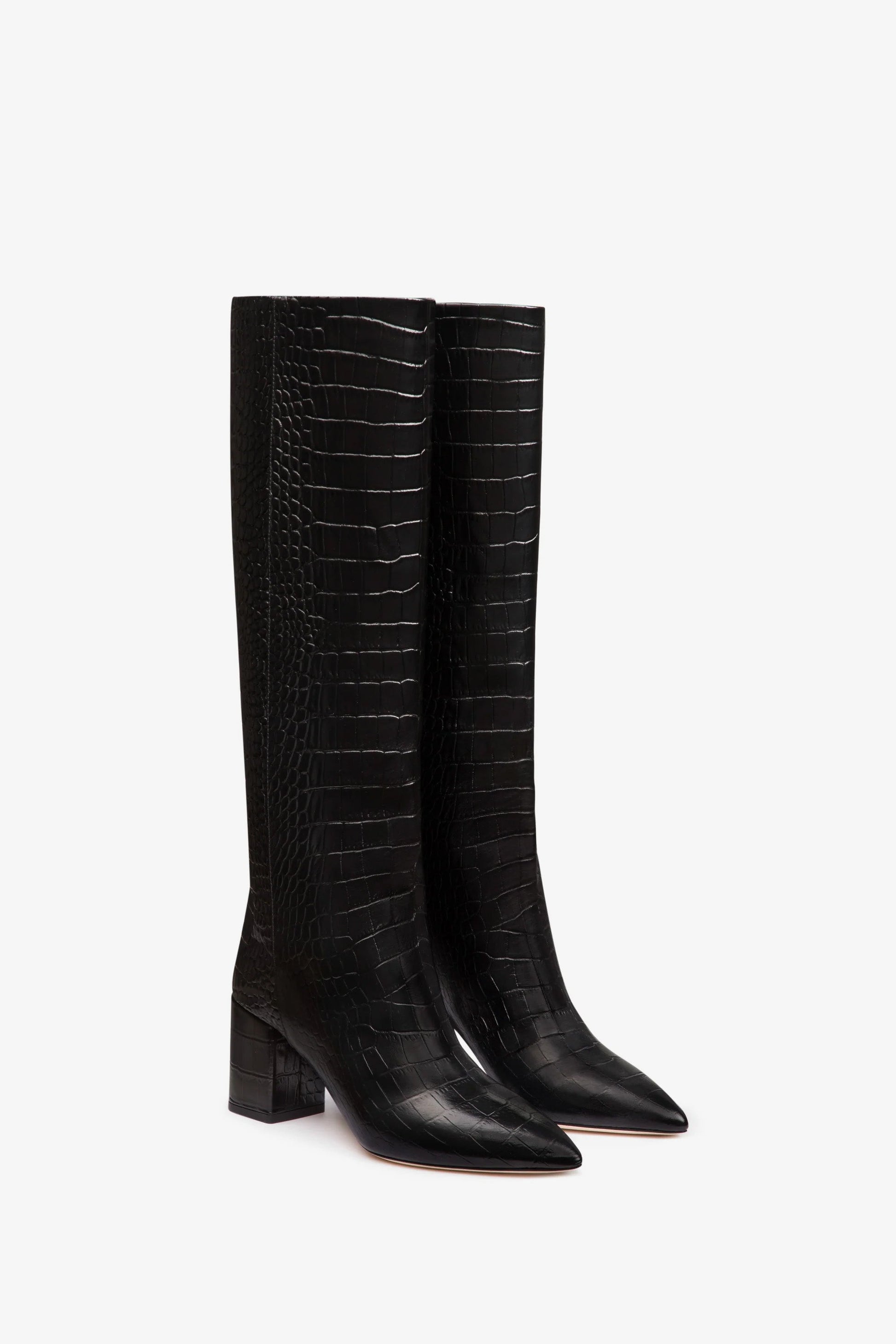 Bottes `a talon 70 en cuir noir effet croco - Avant