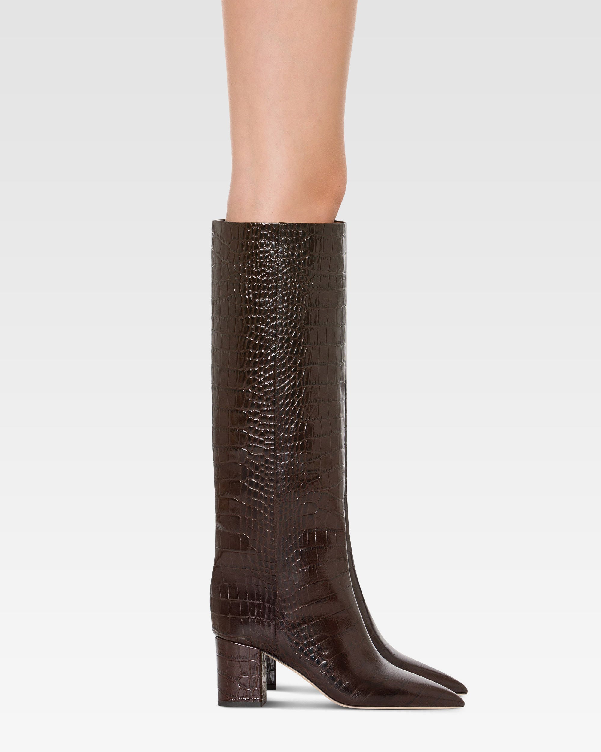 Boots in ebony croco-embossed leather