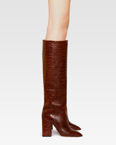 Bottes en cuir effet croco marron chocolat