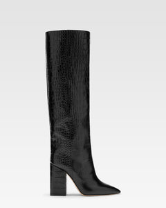 Black croc-effect leather boots