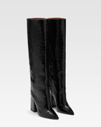 Black croc-effect leather boots