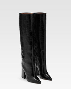 Black croc-effect leather boots