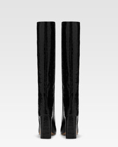 Black croc-effect leather boots