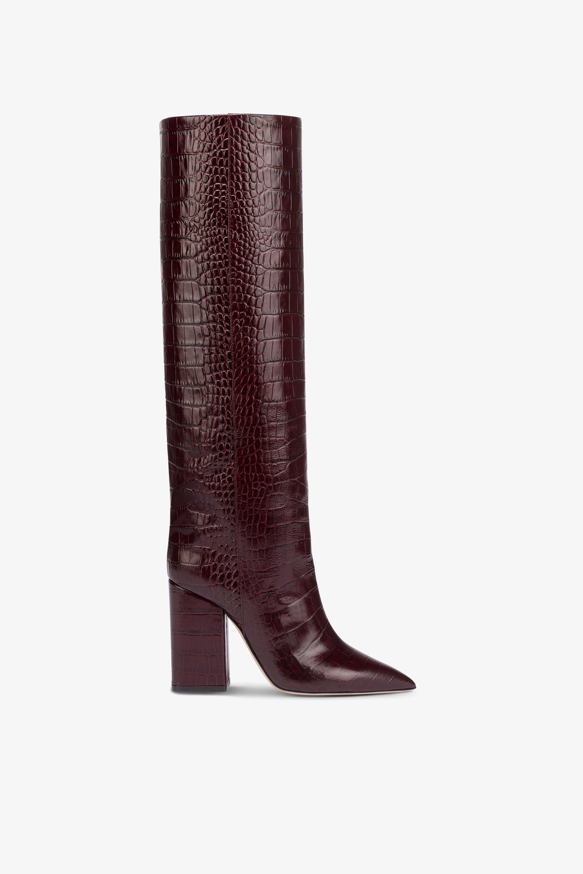 Knee-high boots in rouge noir soft croco-embossed leather