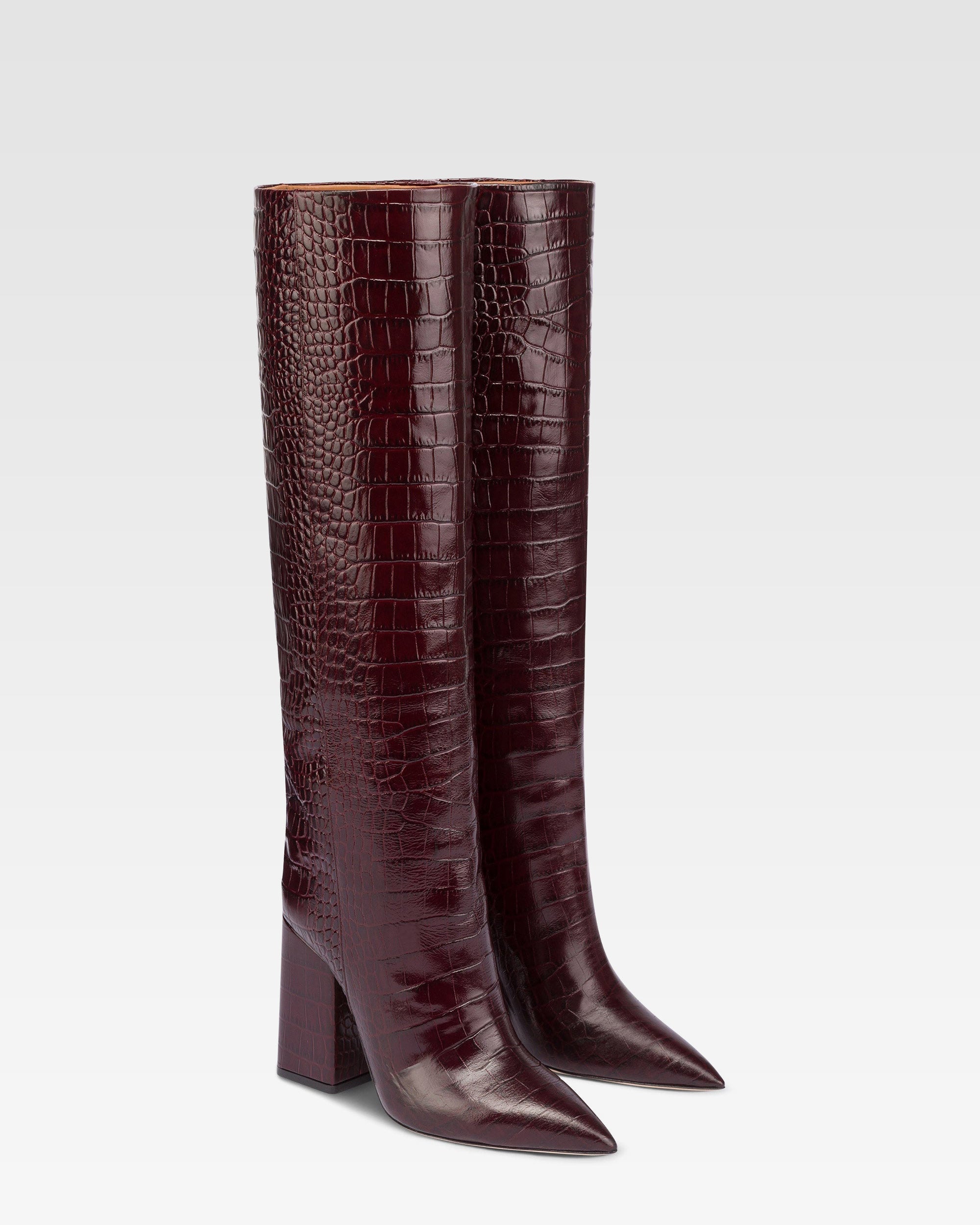 Knee-high boots in rouge noir soft croco-embossed leather