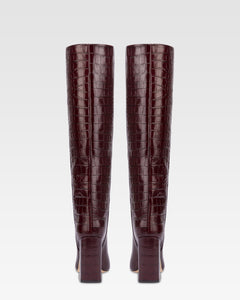 Knee-high boots in rouge noir soft croco-embossed leather