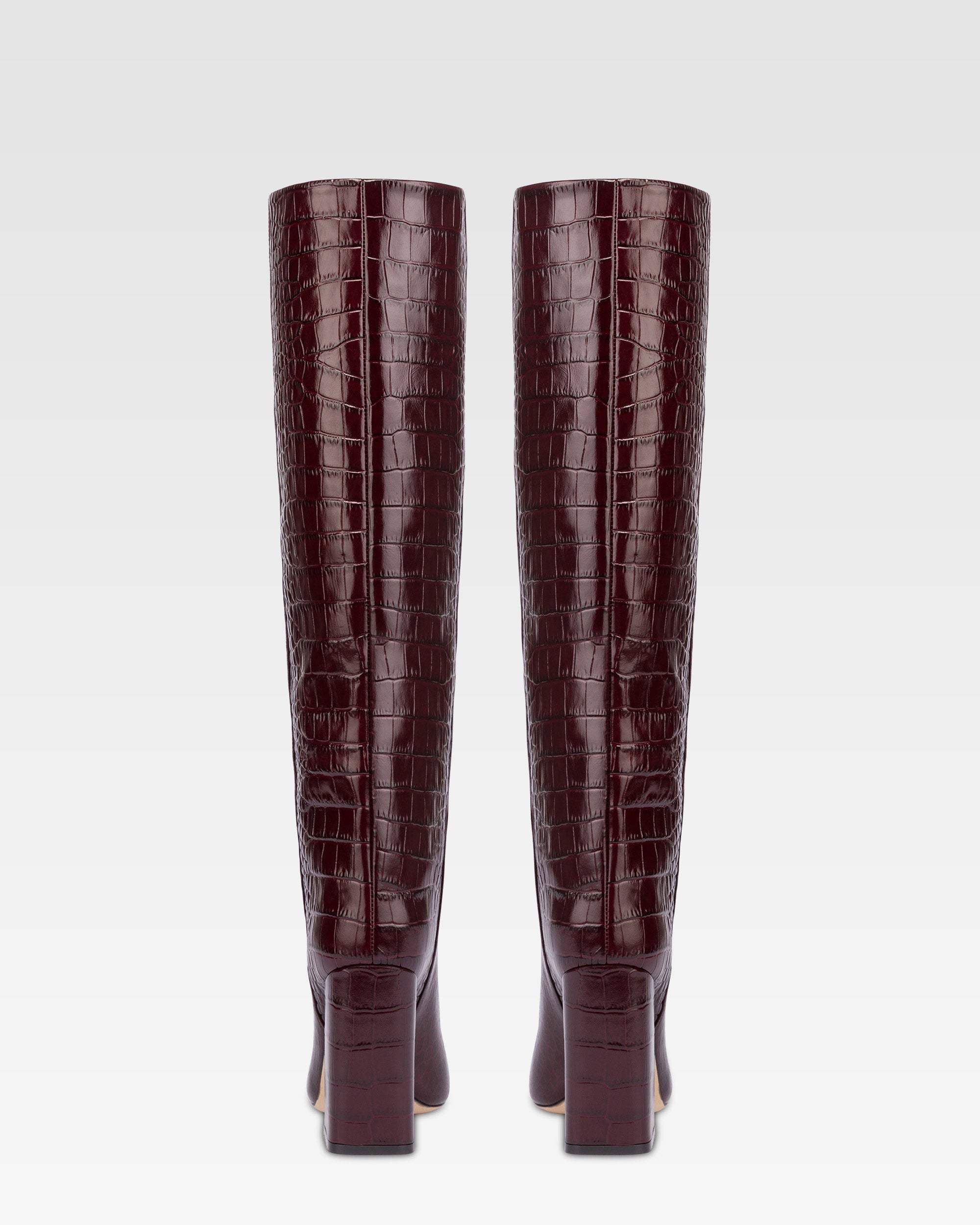 Knee-high boots in rouge noir soft croco-embossed leather