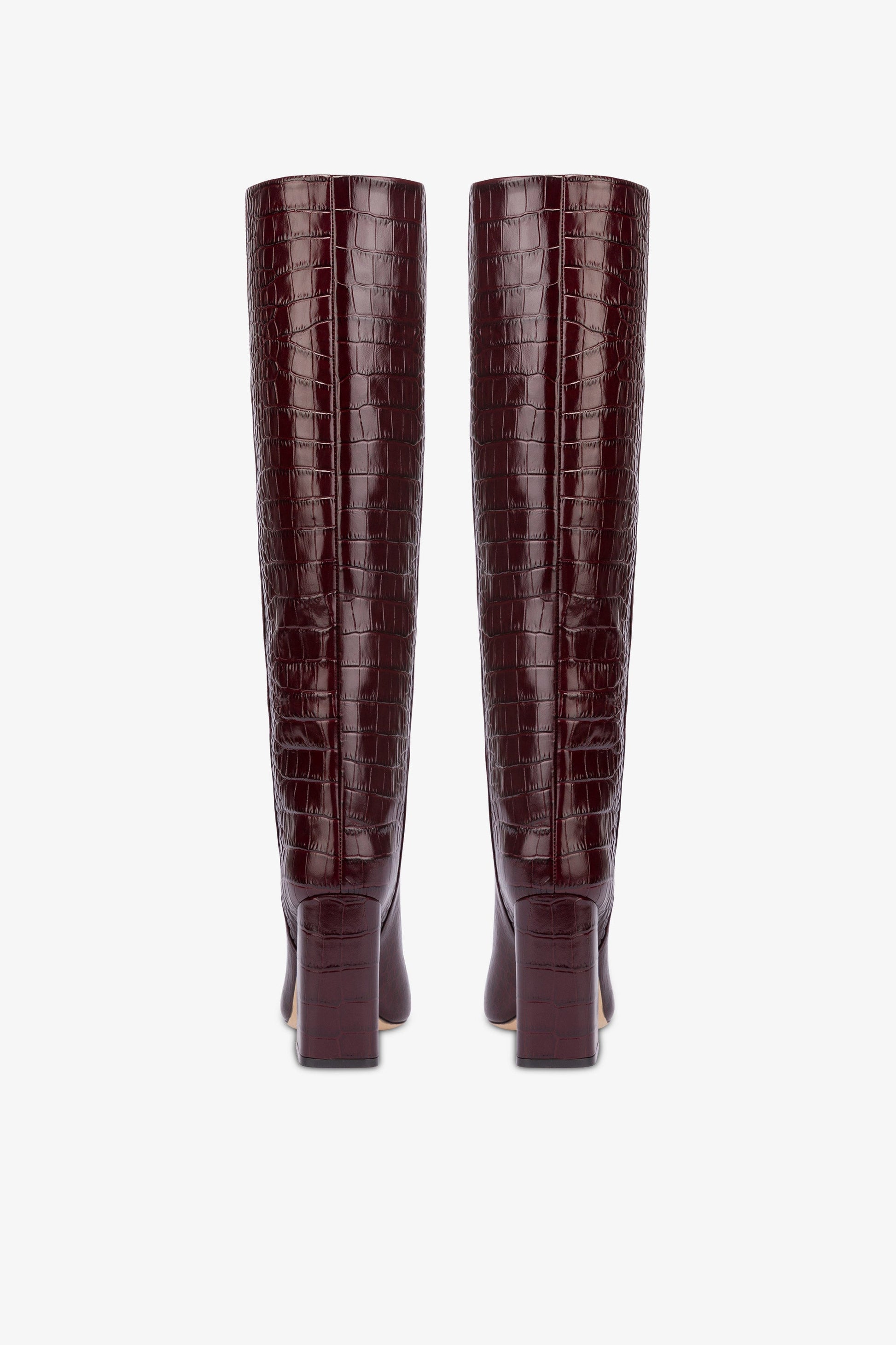 Knee-high boots in rouge noir soft croco-embossed leather