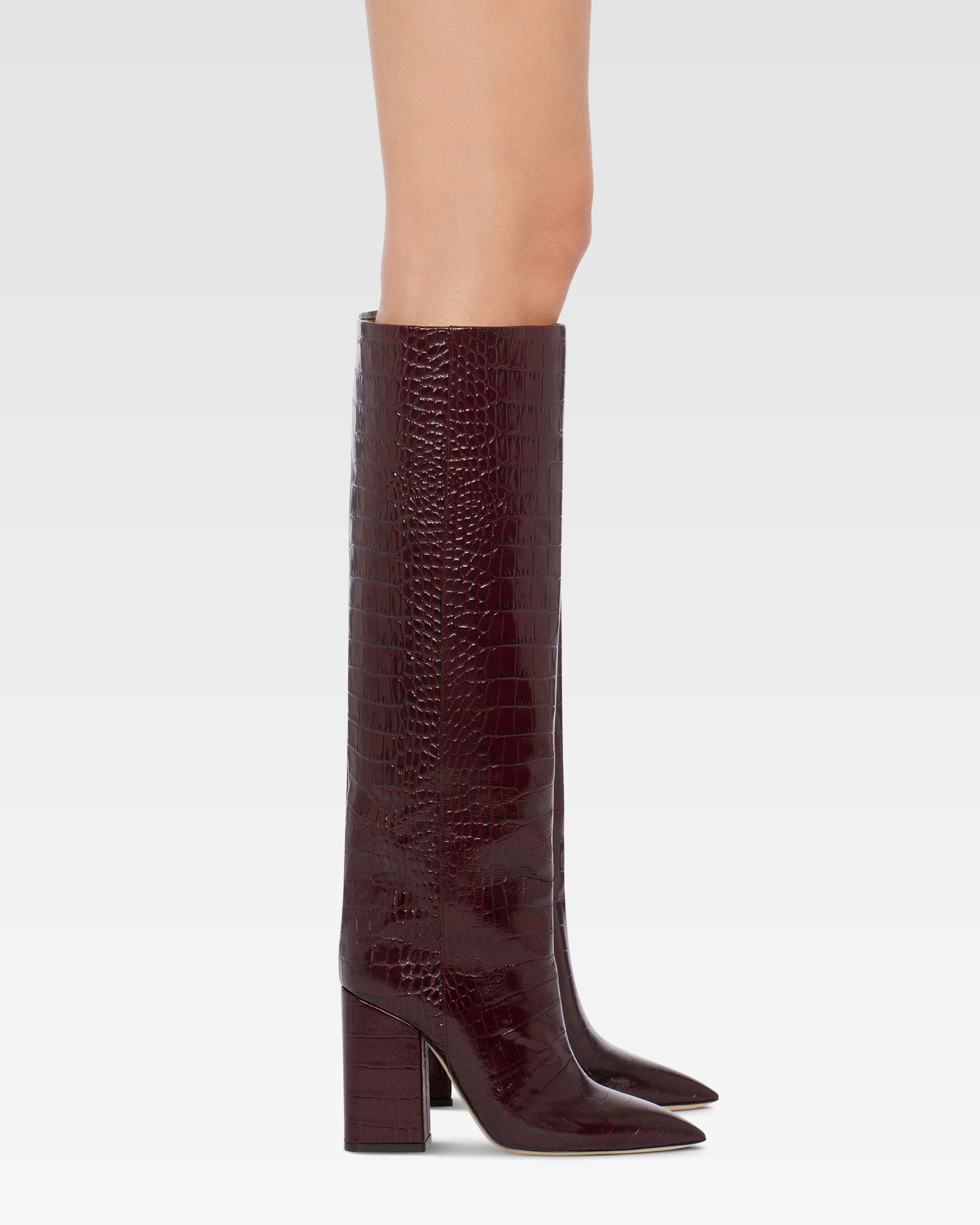 Knee-high boots in rouge noir soft croco-embossed leather