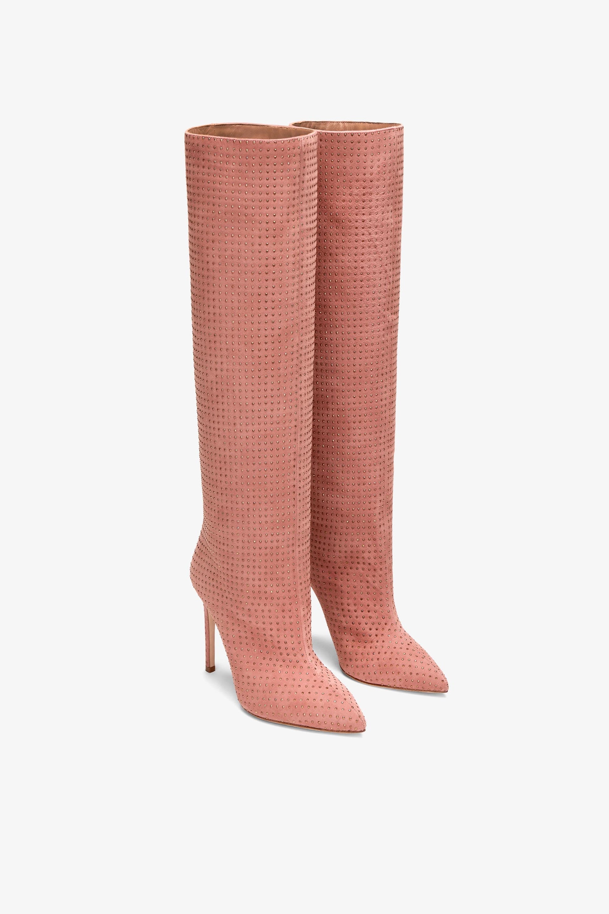 Bottes stiletto en daim rose fard fonc'e orn'ees de cristaux diamant