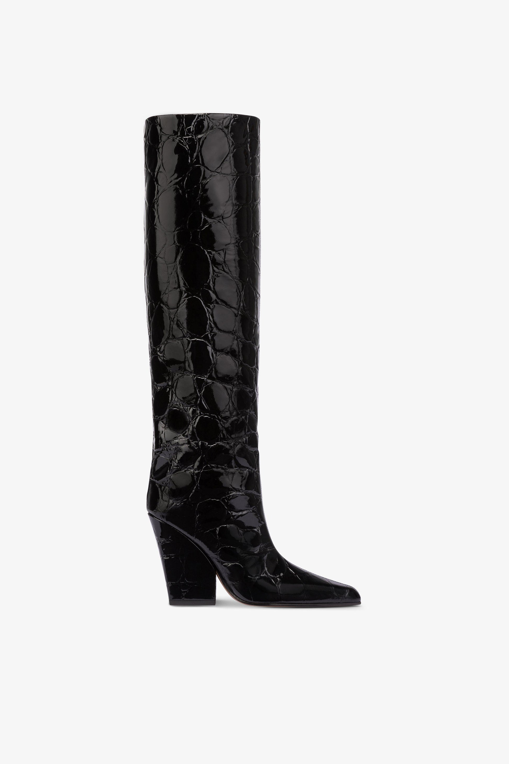 Knee-high boots in black patent soft croco-embossed leather