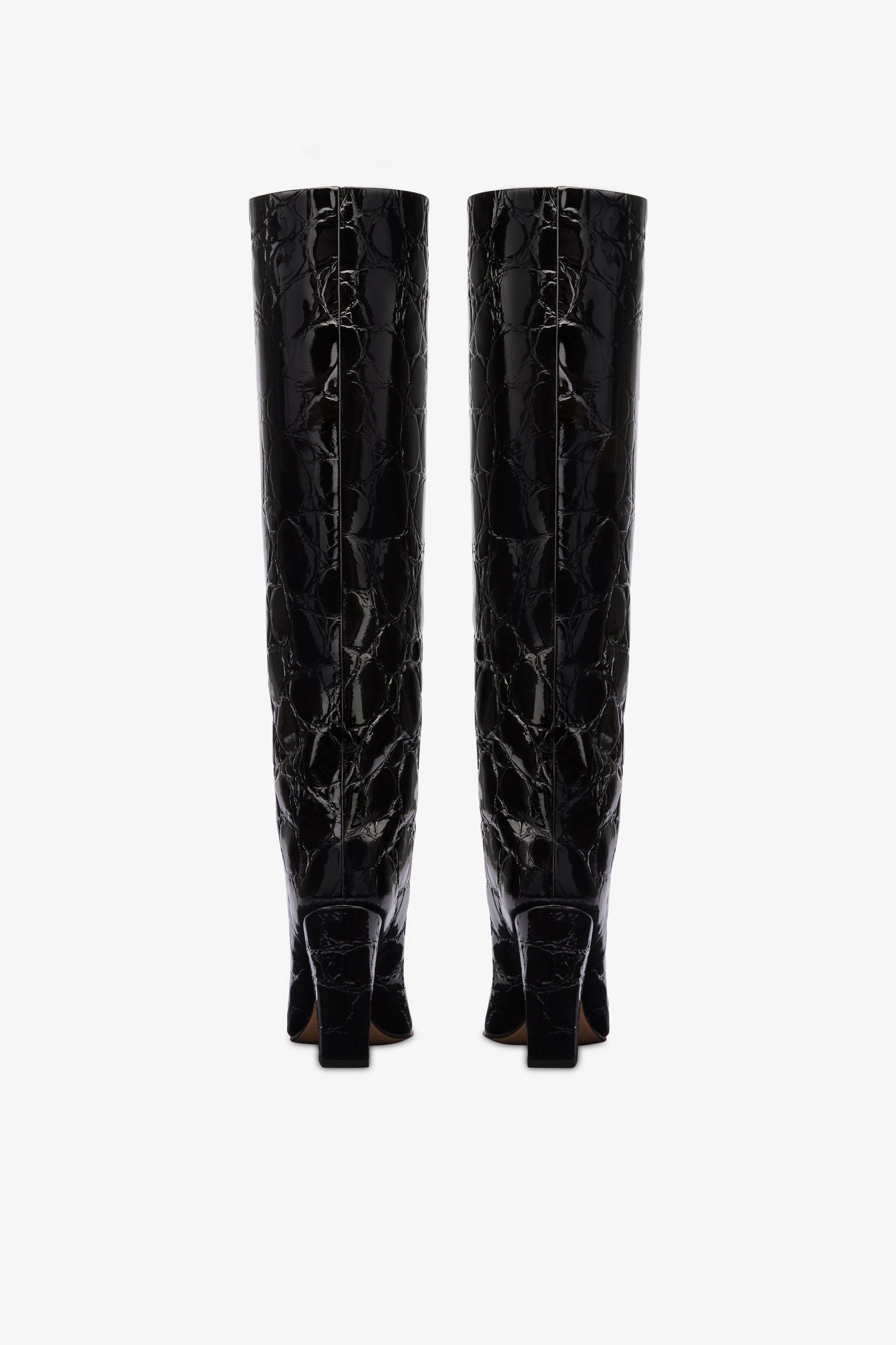 Knee-high boots in black patent soft croco-embossed leather