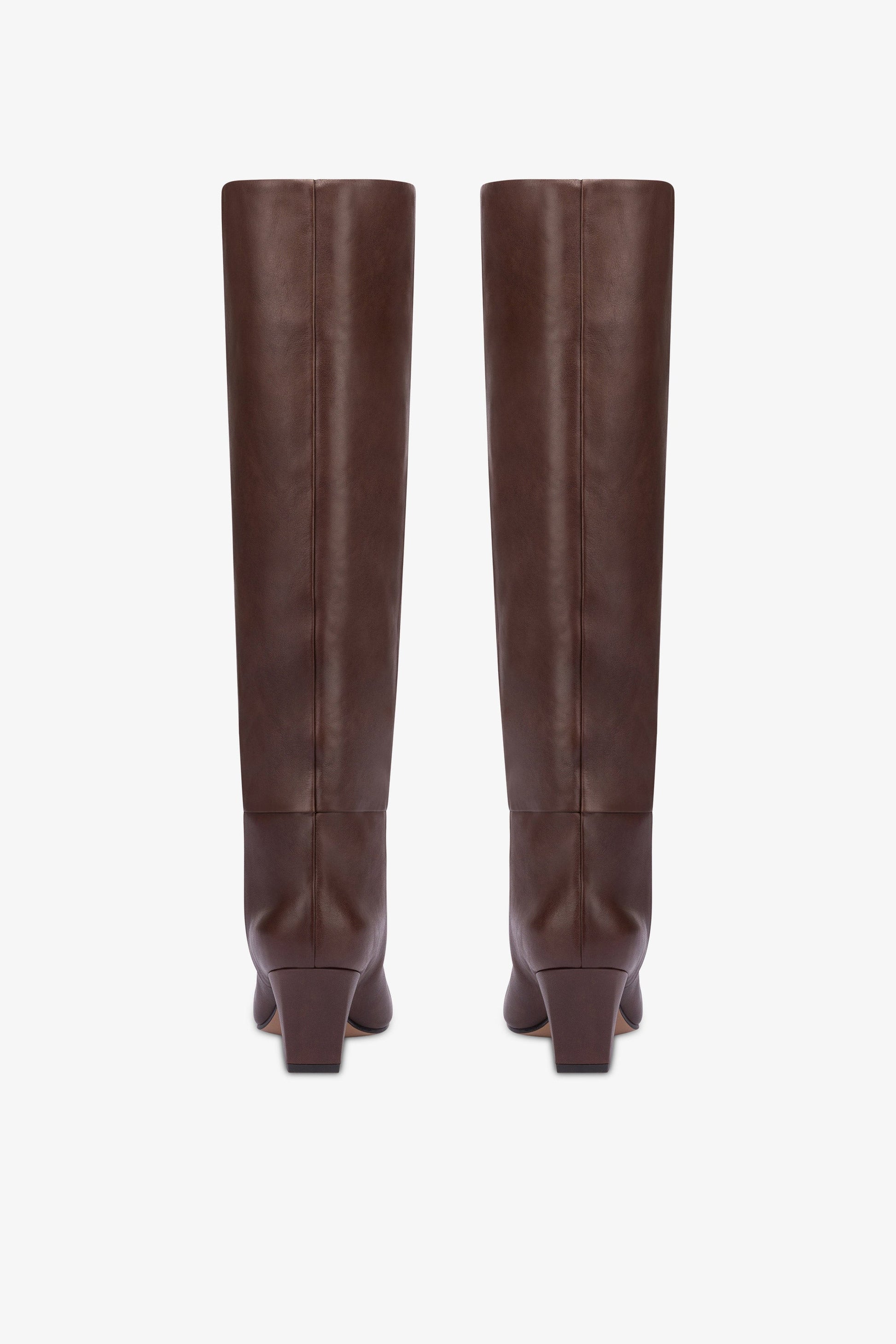 Knee-high, long pointed boot in supple mocha leather