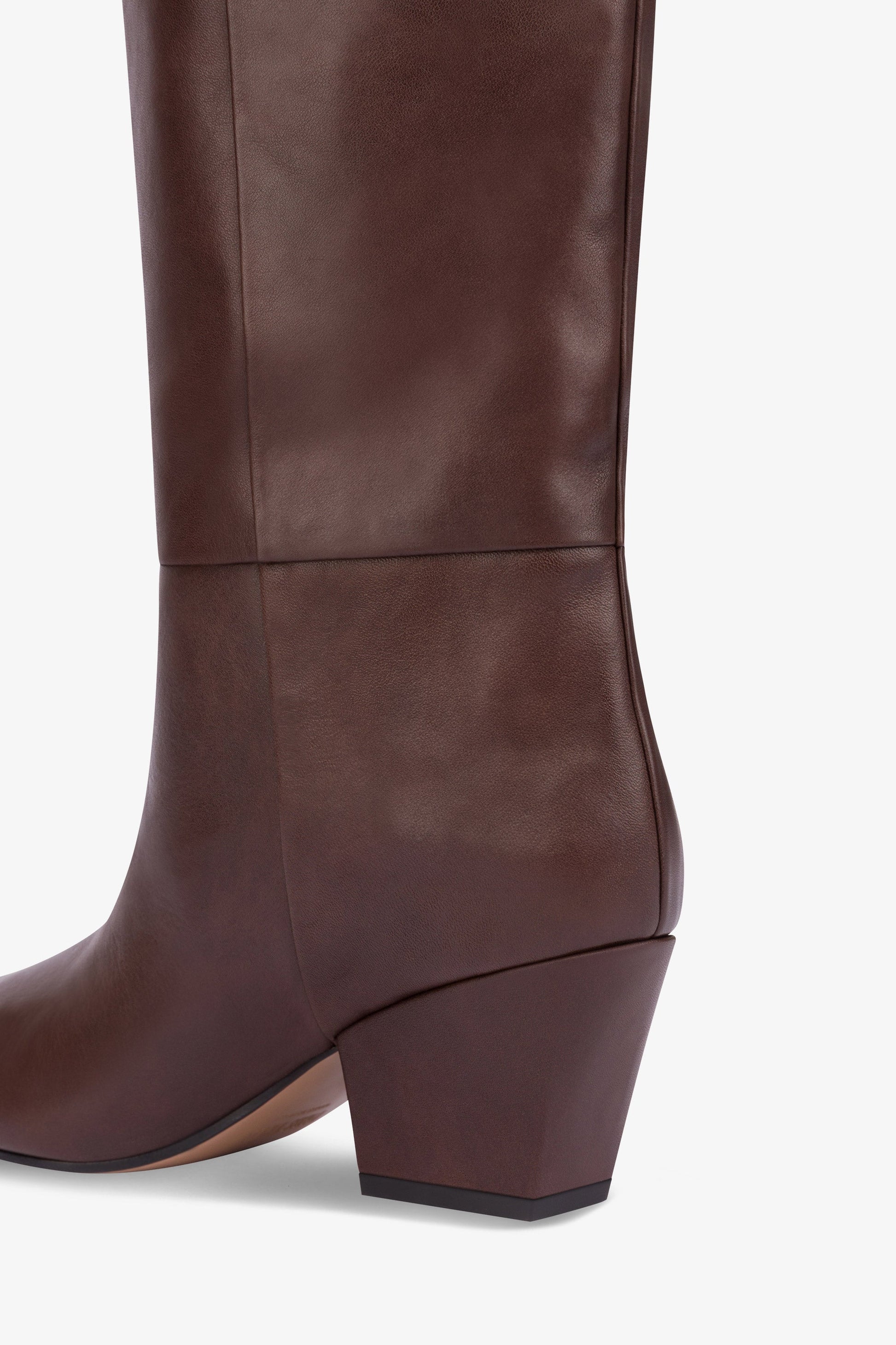 Knee-high, long pointed boot in supple mocha leather