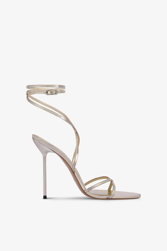 Lace-up sandals in platinum mirror-effect leather