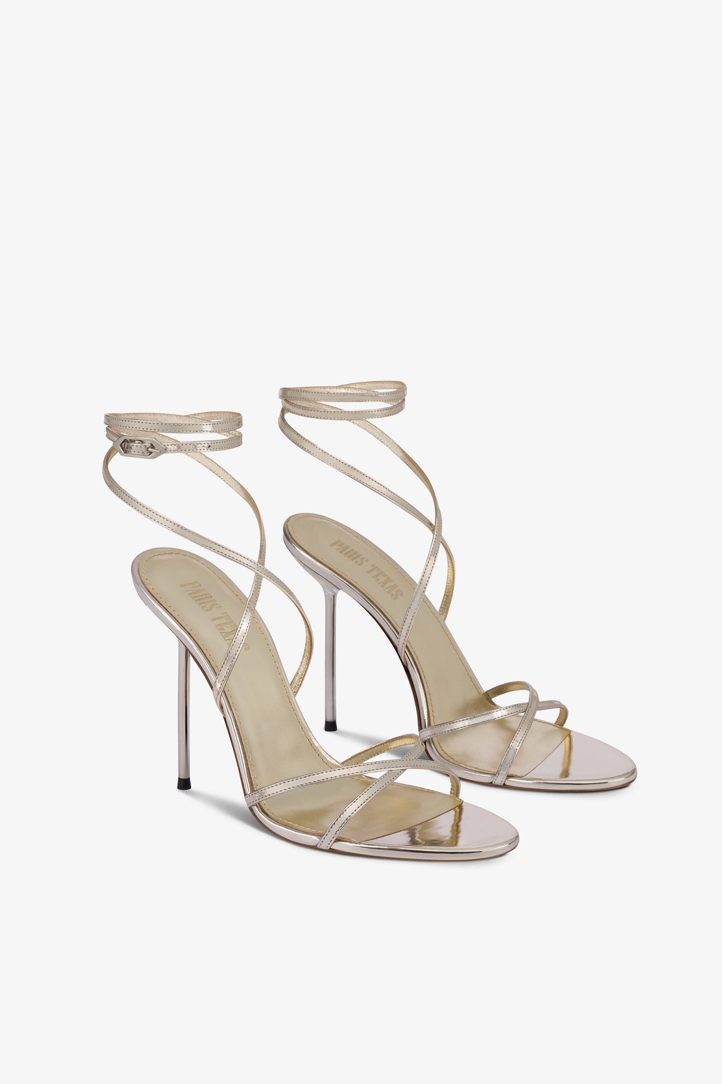 Lace-up sandals in platinum mirror-effect leather