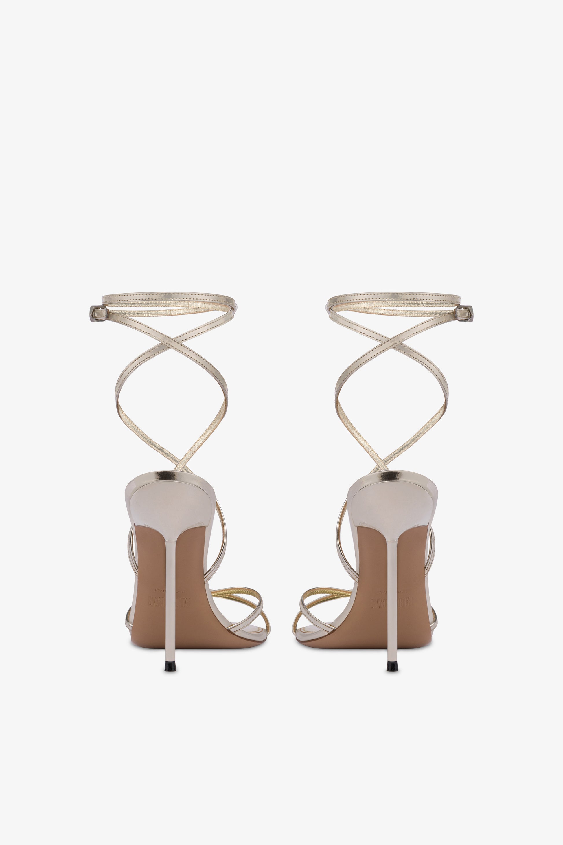 Lace-up sandals in platinum mirror-effect leather