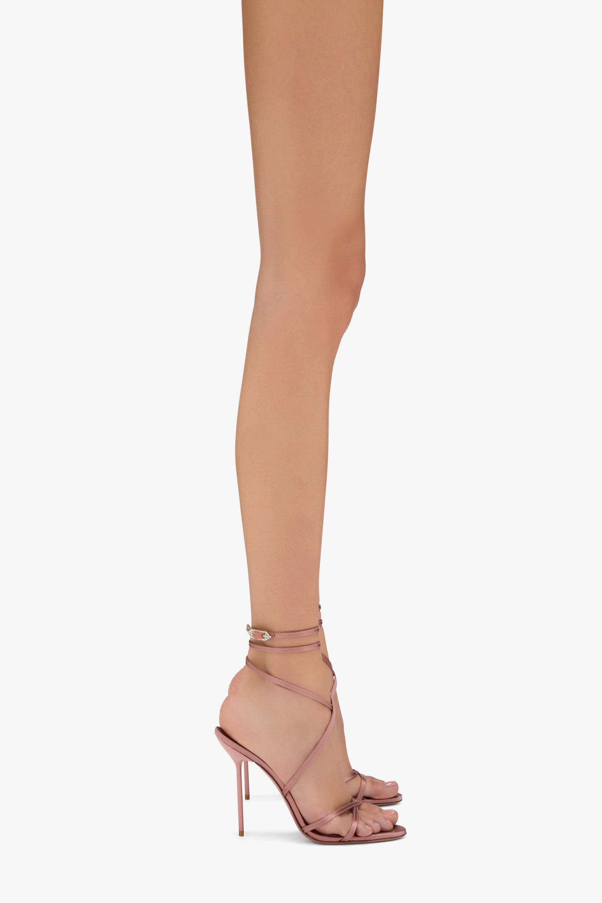 Lace-up satin sandal in dark blush pink - Product worn