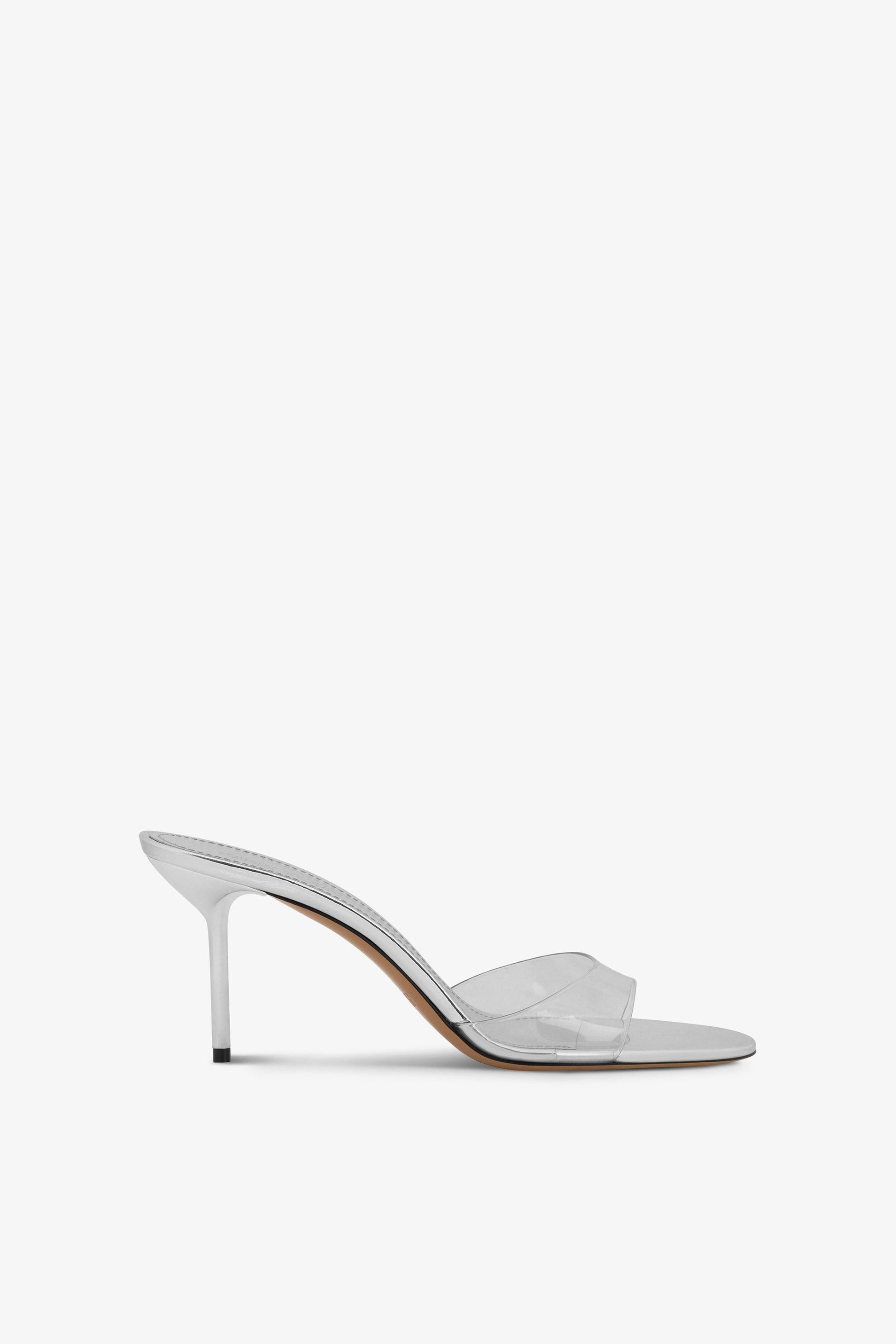 Almond-toe mules in supple silver PVC-mirror leather