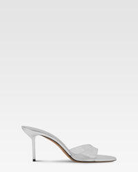 Sandali con punta aperta tonda in morbida pelle metallizzata argento — Argento metallizzato