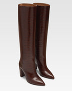 Chocolate brown croc-effect leather boots