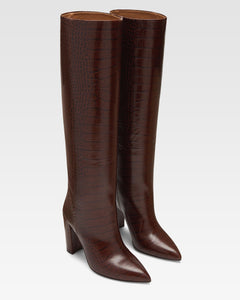 Chocolate brown croc-effect leather boots