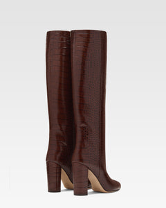 Chocolate brown croc-effect leather boots