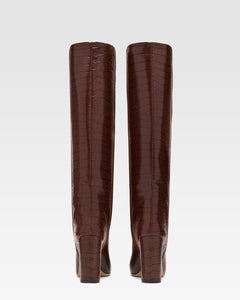 Chocolate brown croc-effect leather boots
