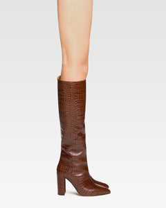 Chocolate brown croc-effect leather boots