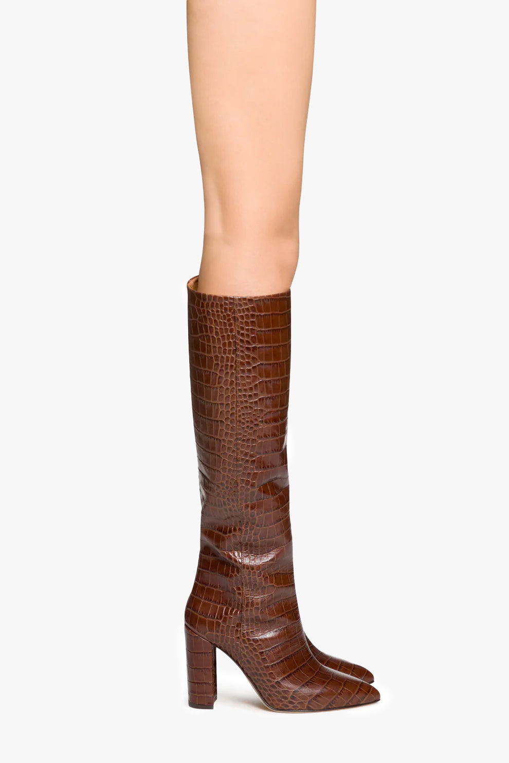 Bottes en cuir effet croco marron chocolat - Produit porté