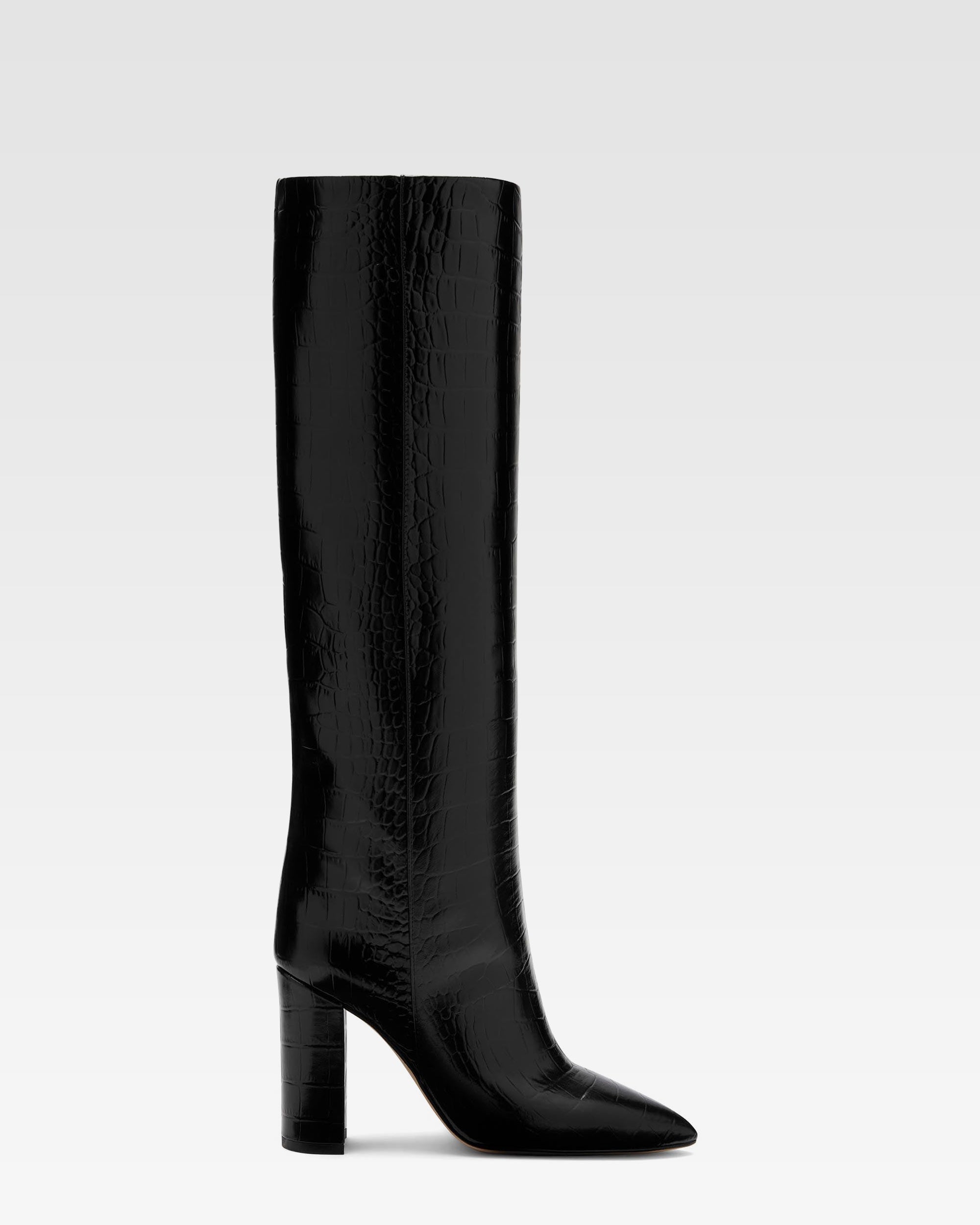 Black croc-effect leather boots