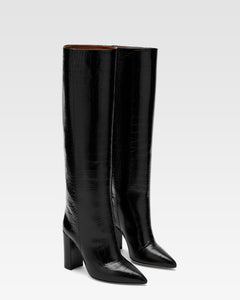 Black croc-effect leather boots
