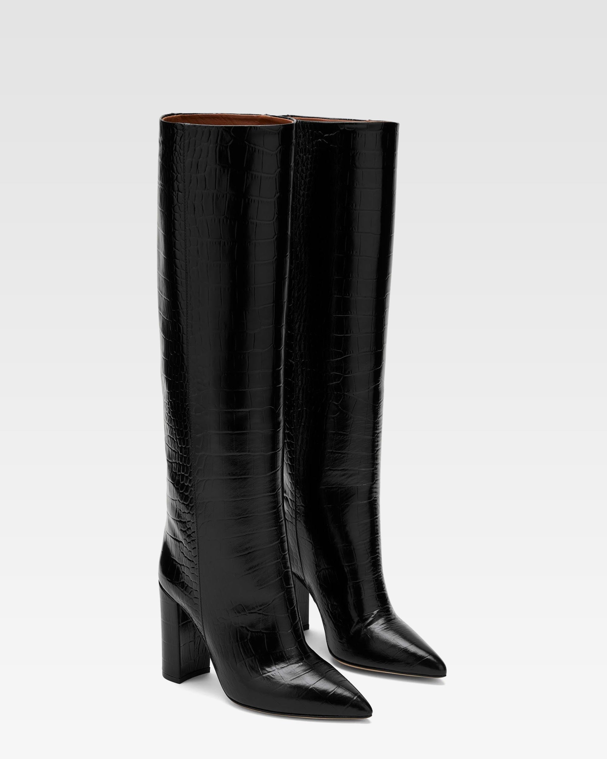 Black croc-effect leather boots