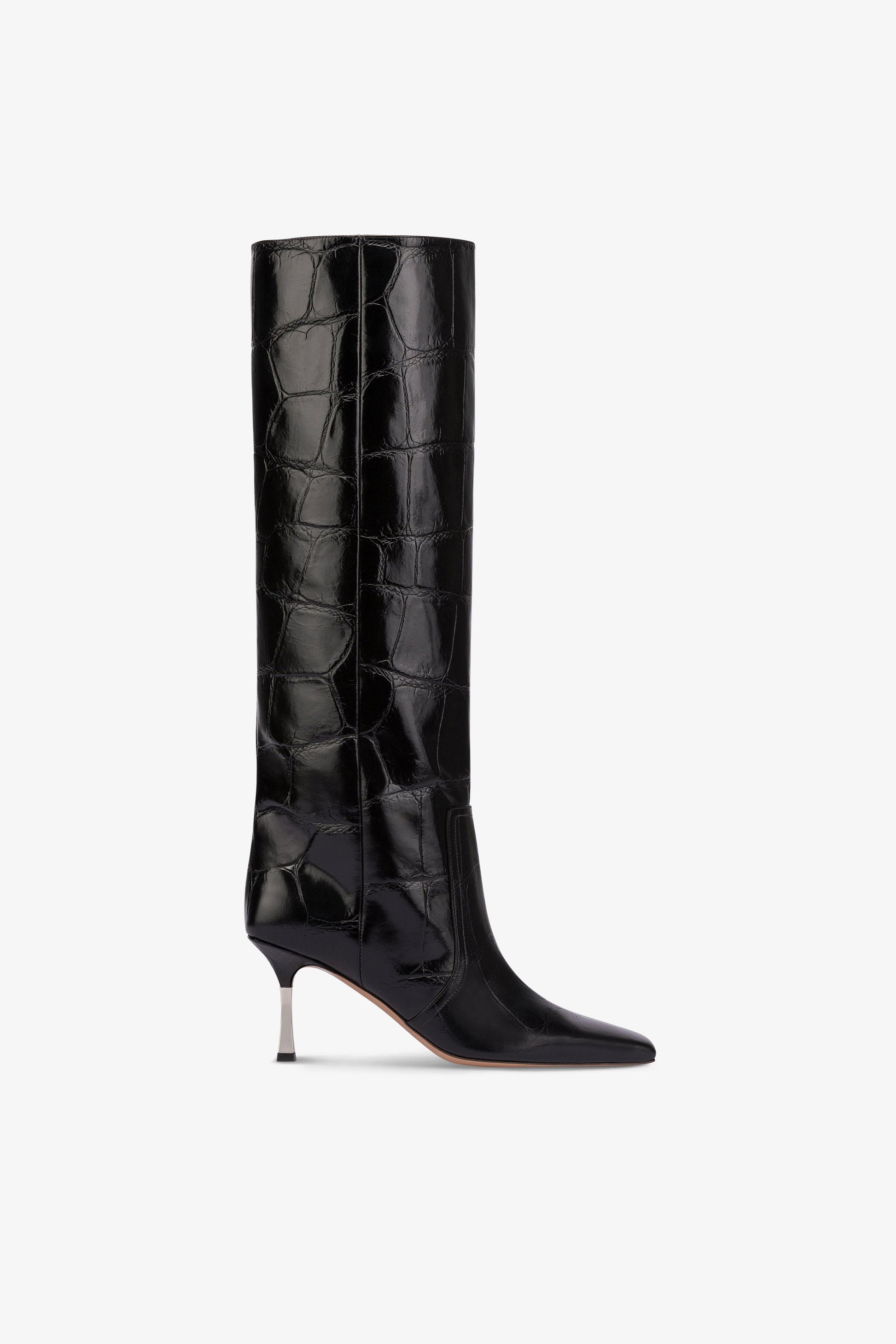 Long, pointed boots in black maxi soft croco-embossed leather