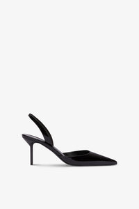 Long, pointed slingbacks in patent black leather