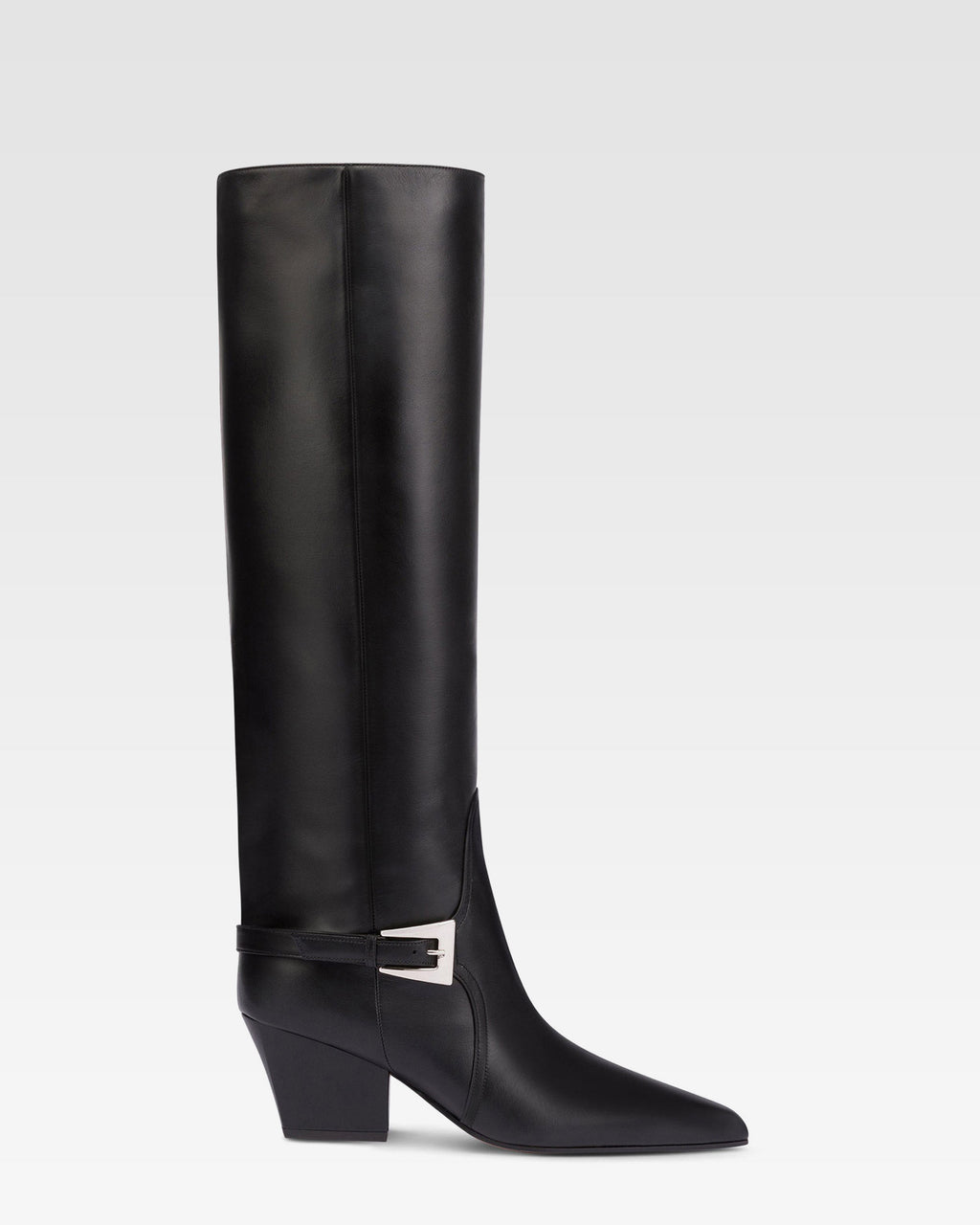 Long, pointed knee-high boots in smooth black leather