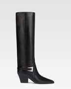 Long, pointed knee-high boots in smooth black leather