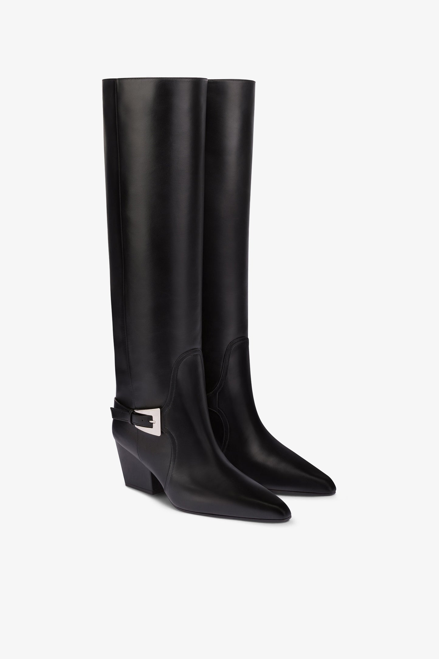 Long, pointed knee-high boots in smooth black leather