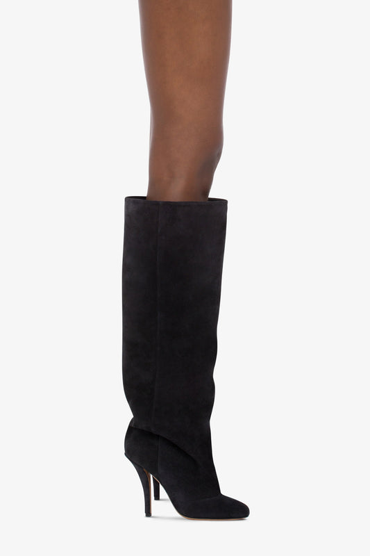 Bottes a hauteur de genou en cuir suede souple noir casse - Produit porté