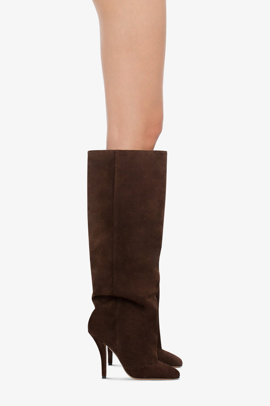 Knee-high boots in soft pepper suede leather - Product worn