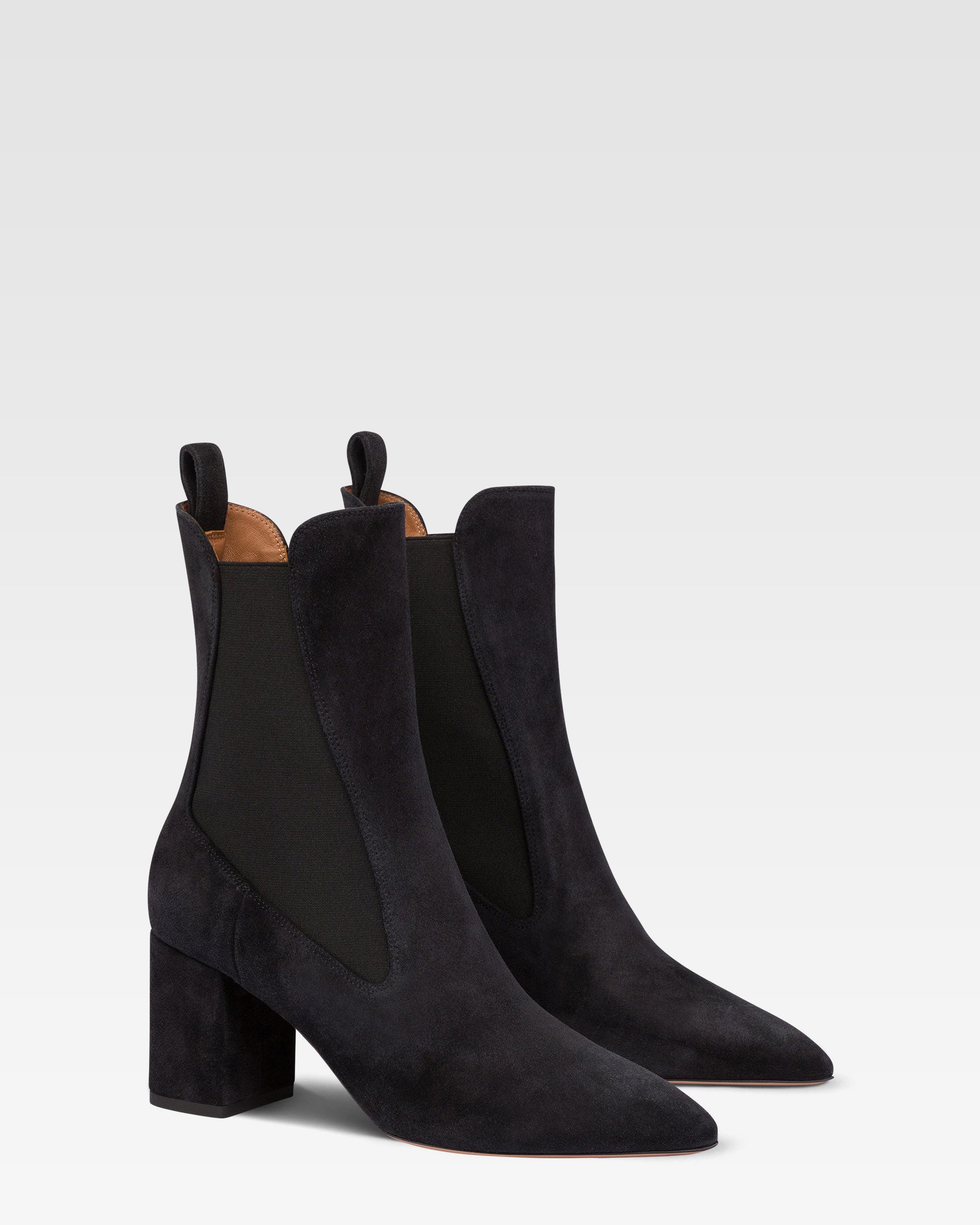 Pointed ankle boots in soft off-black suede leather
