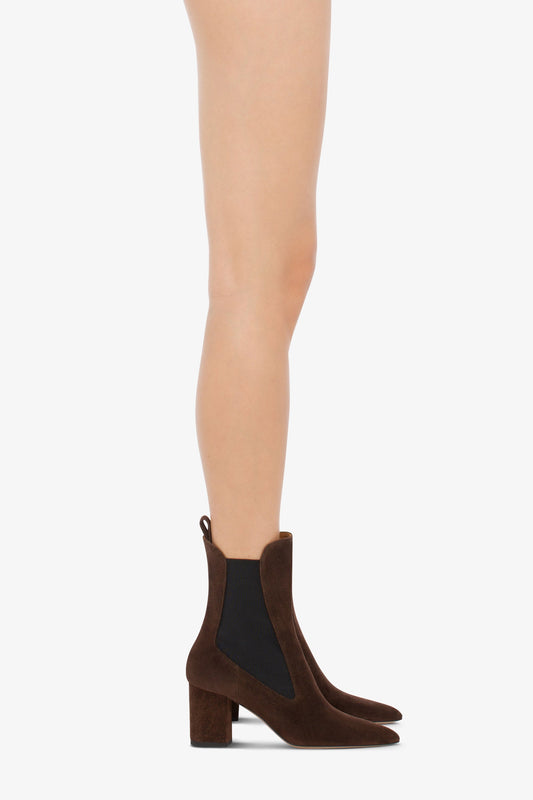 Pointed ankle boots in soft pepper suede leather - Product worn