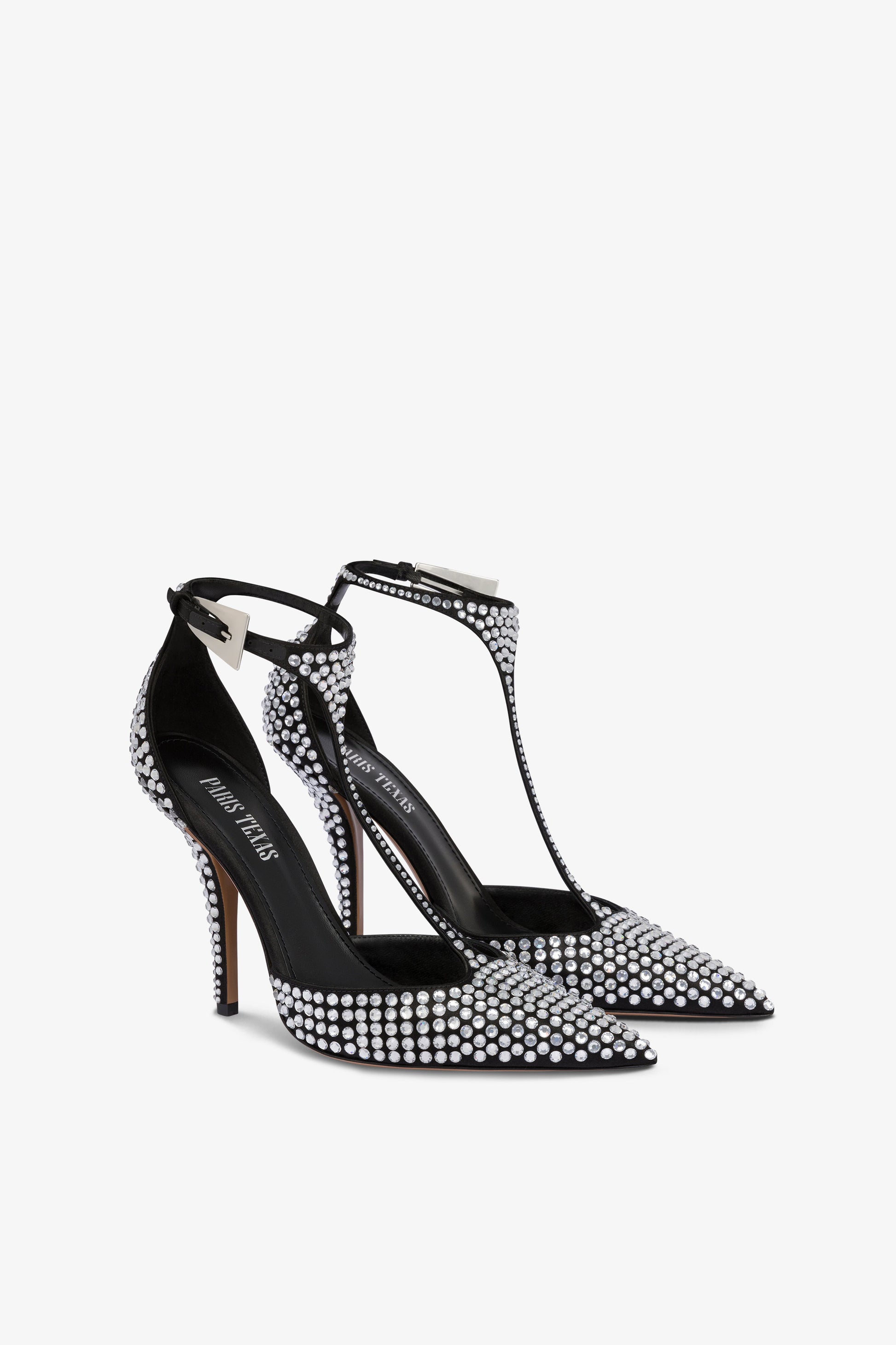 Pumps in black satin with crystals