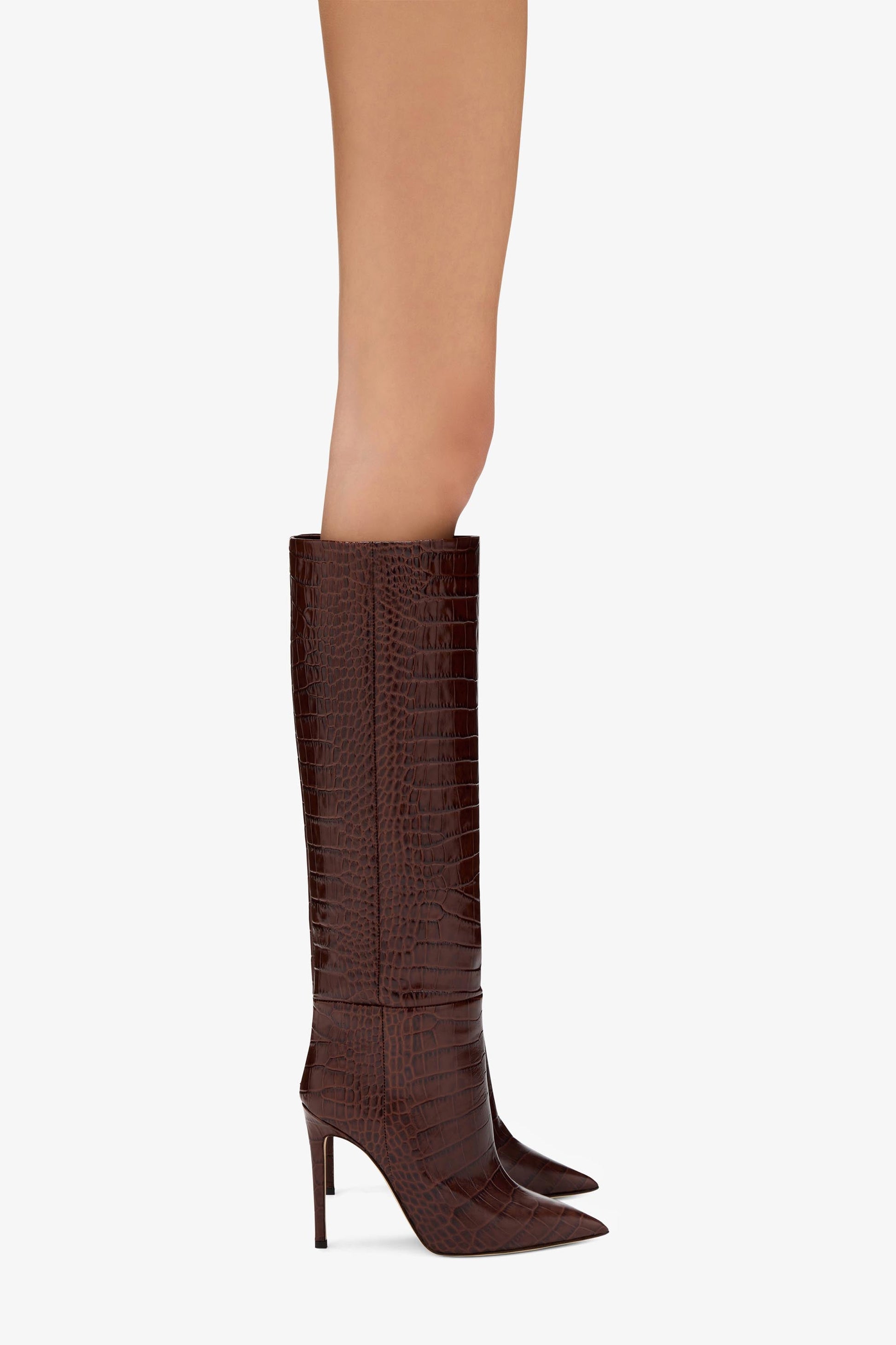 Bottes en cuir emboss'e marron chocolat - Produit porté